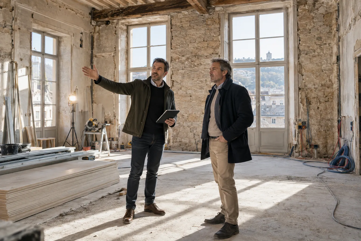 Deux professionnels échangent, tablette en main, dans un immeuble ancien en cours de rénovation