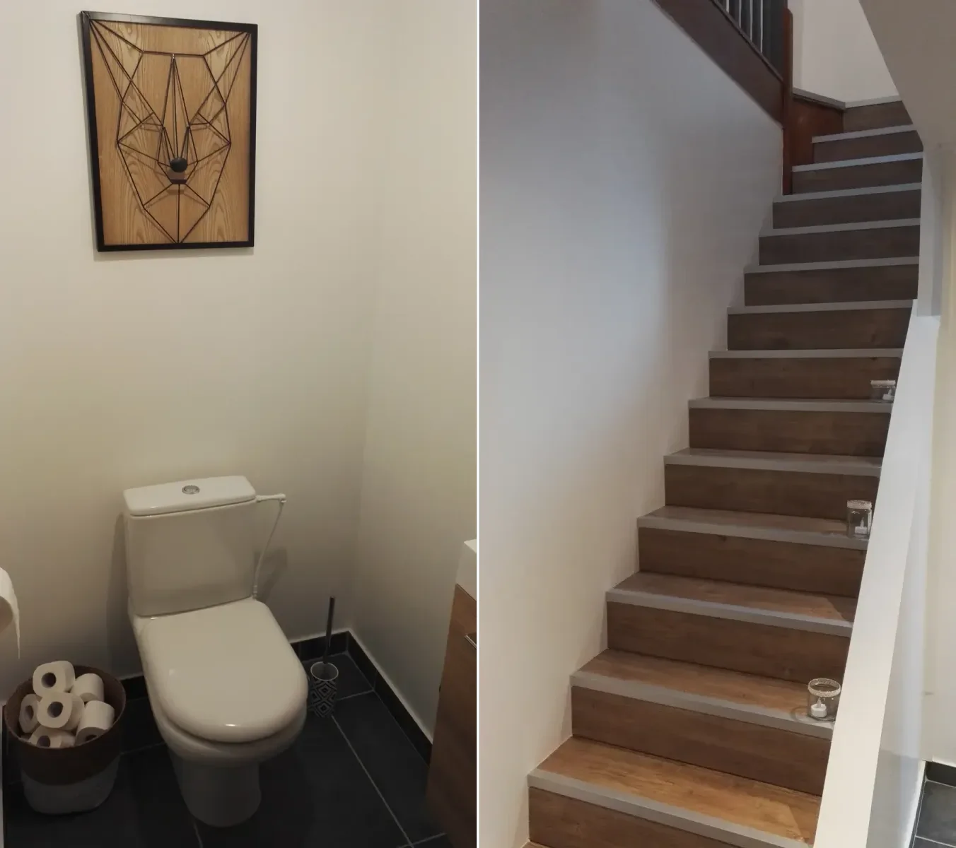 Toilettes et escalier terminés, côte à côte