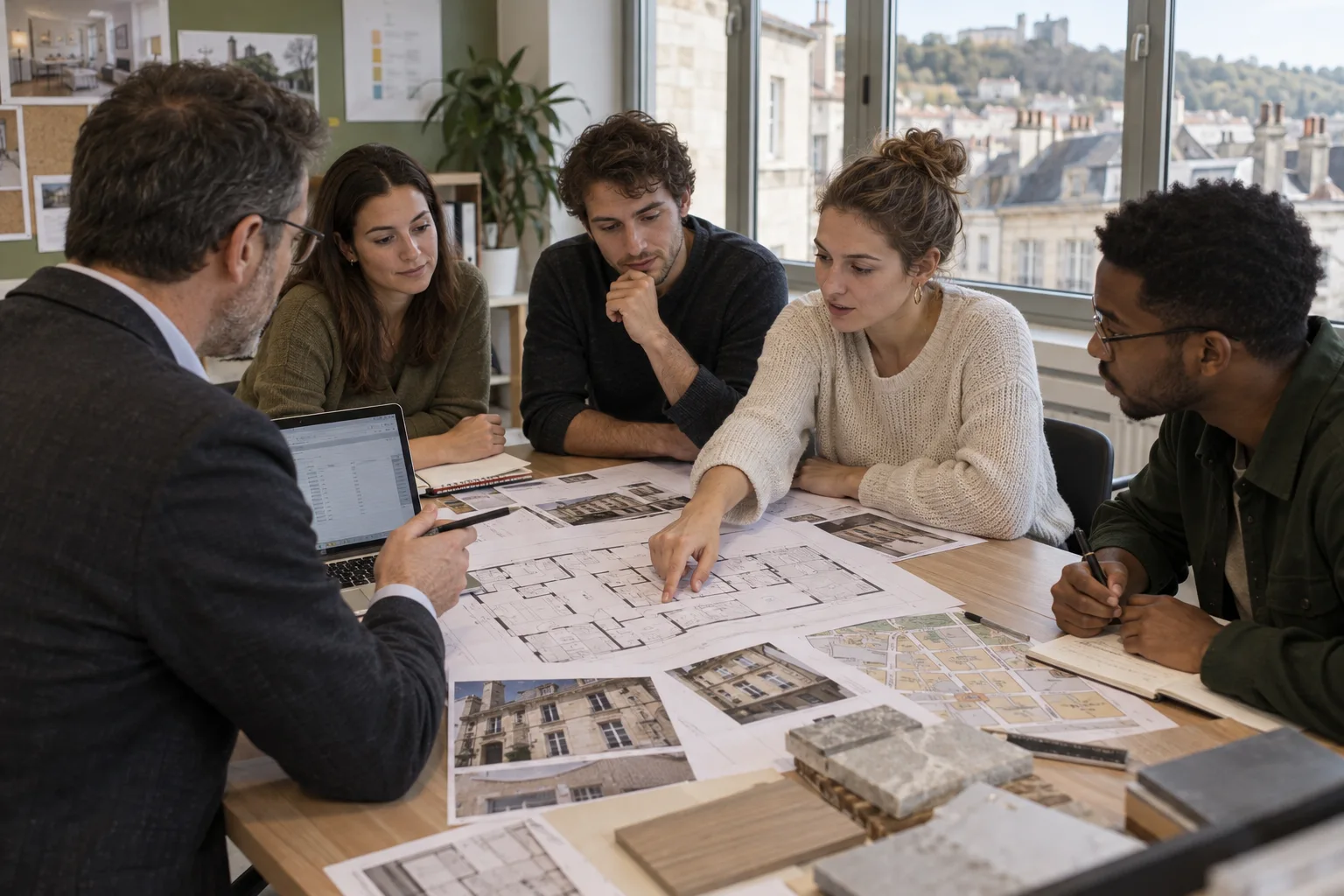 Échange autour de plans et de documents d'opérations réelles, entre professionnels et futurs professionnels de l'immobilier