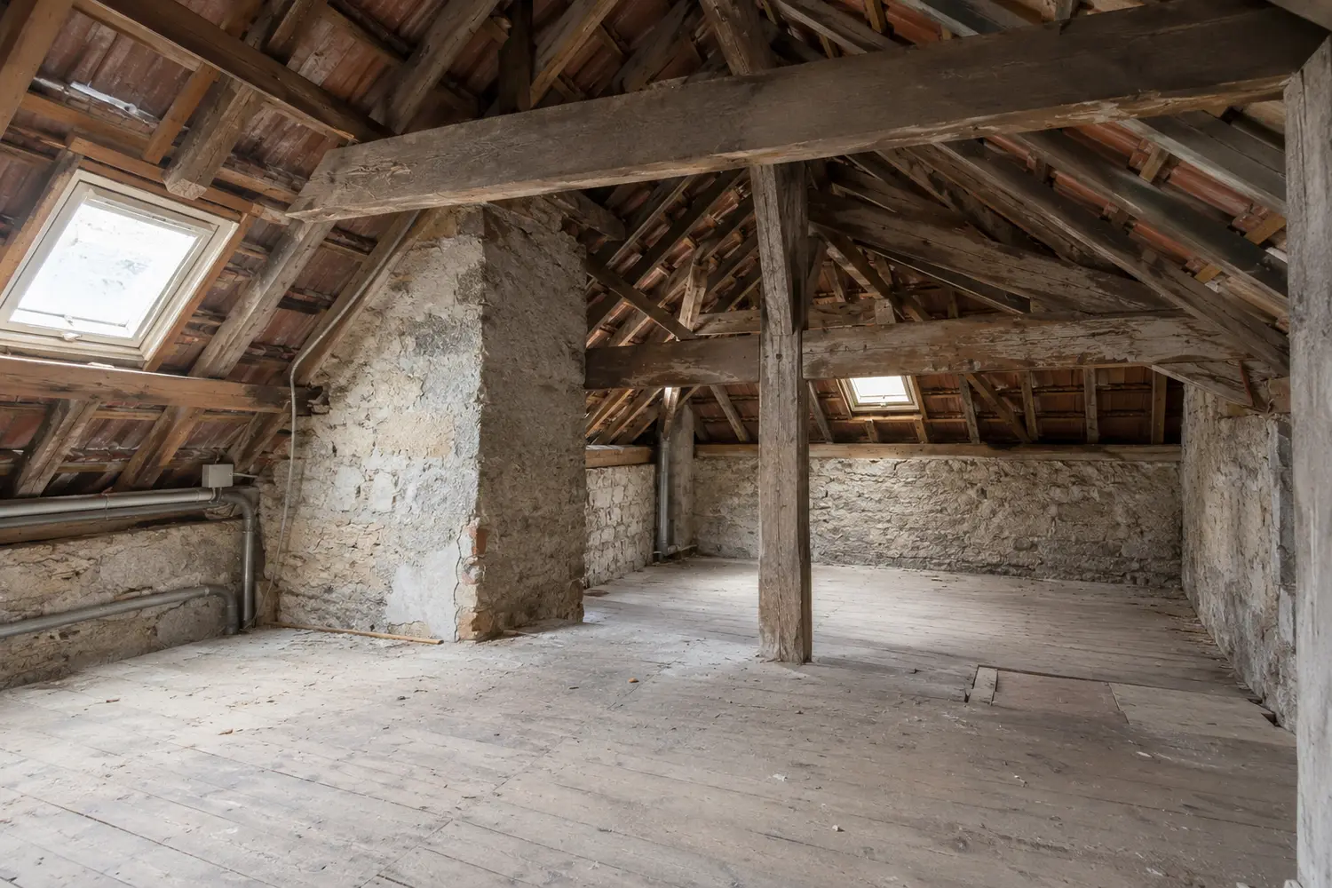 Combles bruts avant travaux, charpente et murs en pierre apparents, Grand Besançon Métropole — photo d'illustration