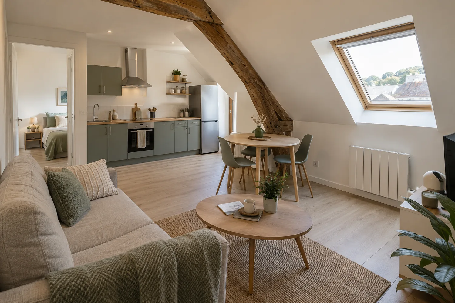 Séjour et cuisine ouverte du premier logement, aménagé par l'acquéreur, sous charpente apparente, Grand Besançon Métropole — photo d'illustration