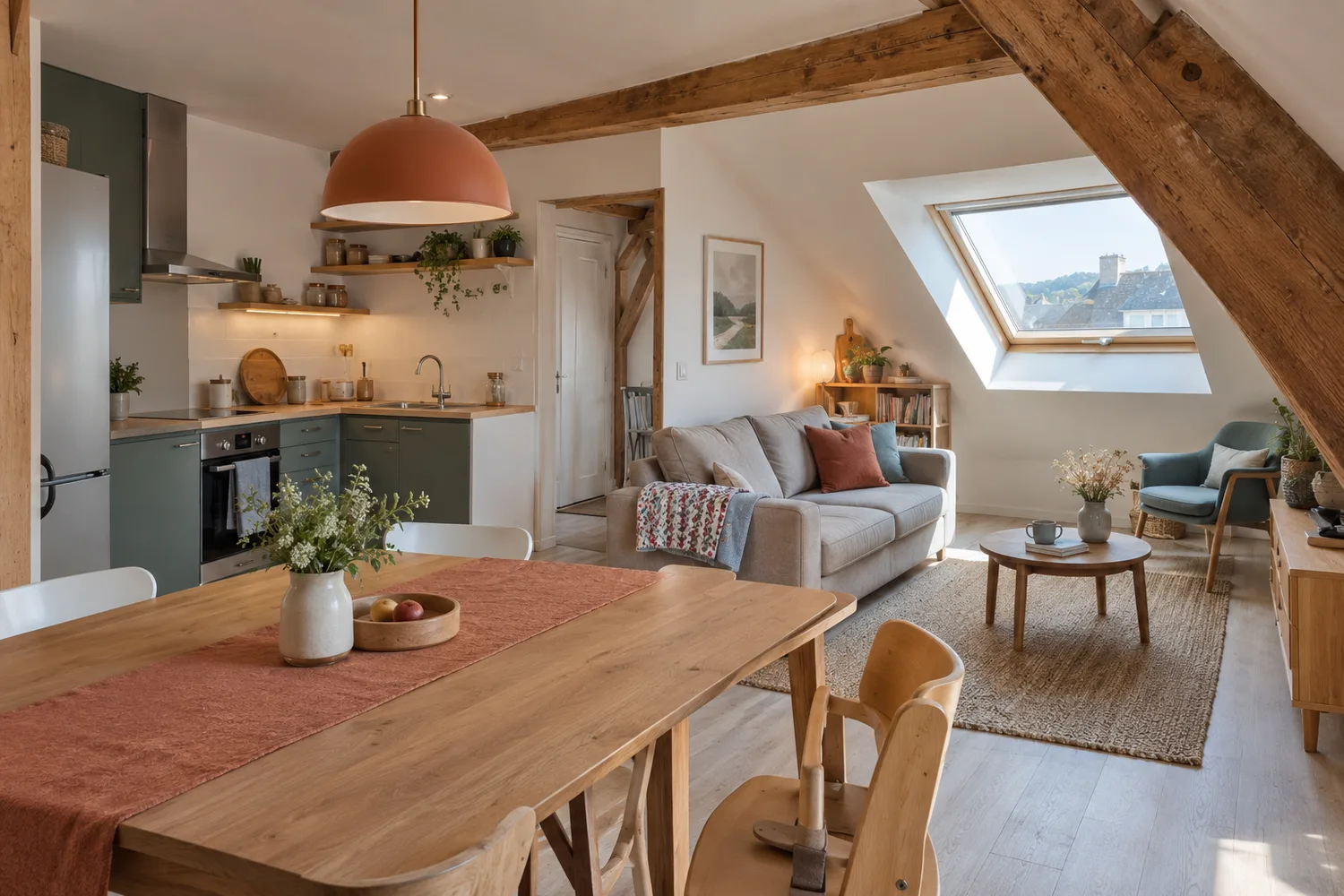 Séjour et coin repas du second logement après travaux dans des combles rénovés, Grand Besançon Métropole — photo d'illustration
