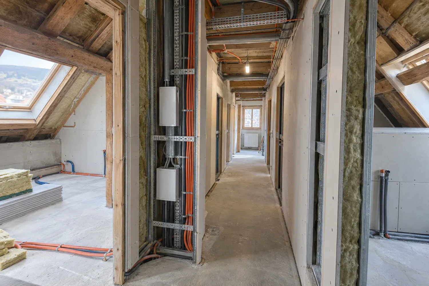 Chantier en cours dans les combles, cloisons et colonne technique électrique refaite à neuf, Grand Besançon Métropole — photo d'illustration